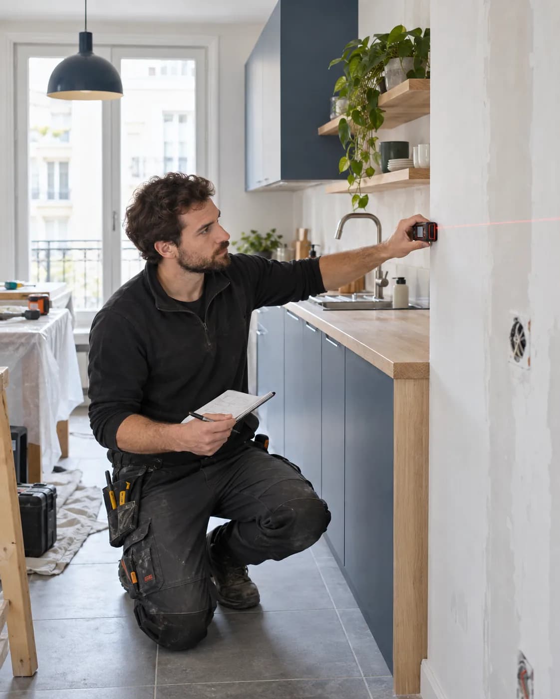 Un professionnel mesure précisément un mur avant les travaux