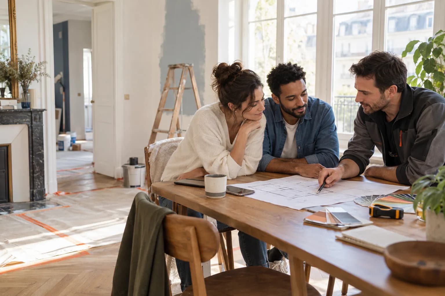 Un couple prépare ses travaux avec un professionnel du bâtiment
