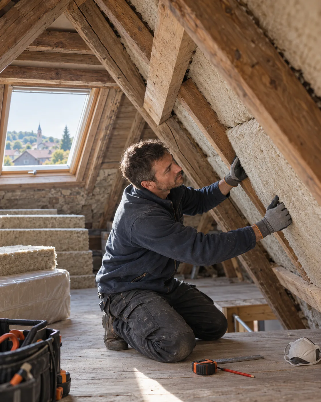 Un professionnel pose un isolant dans des combles