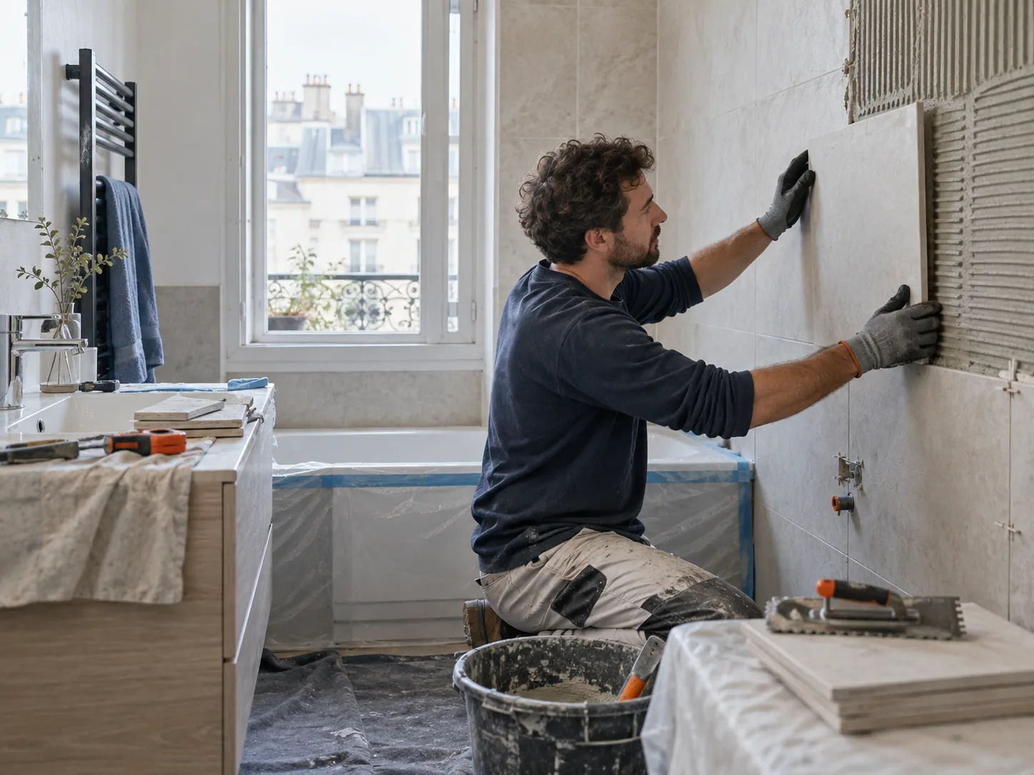 Un carreleur rénove une salle de bain